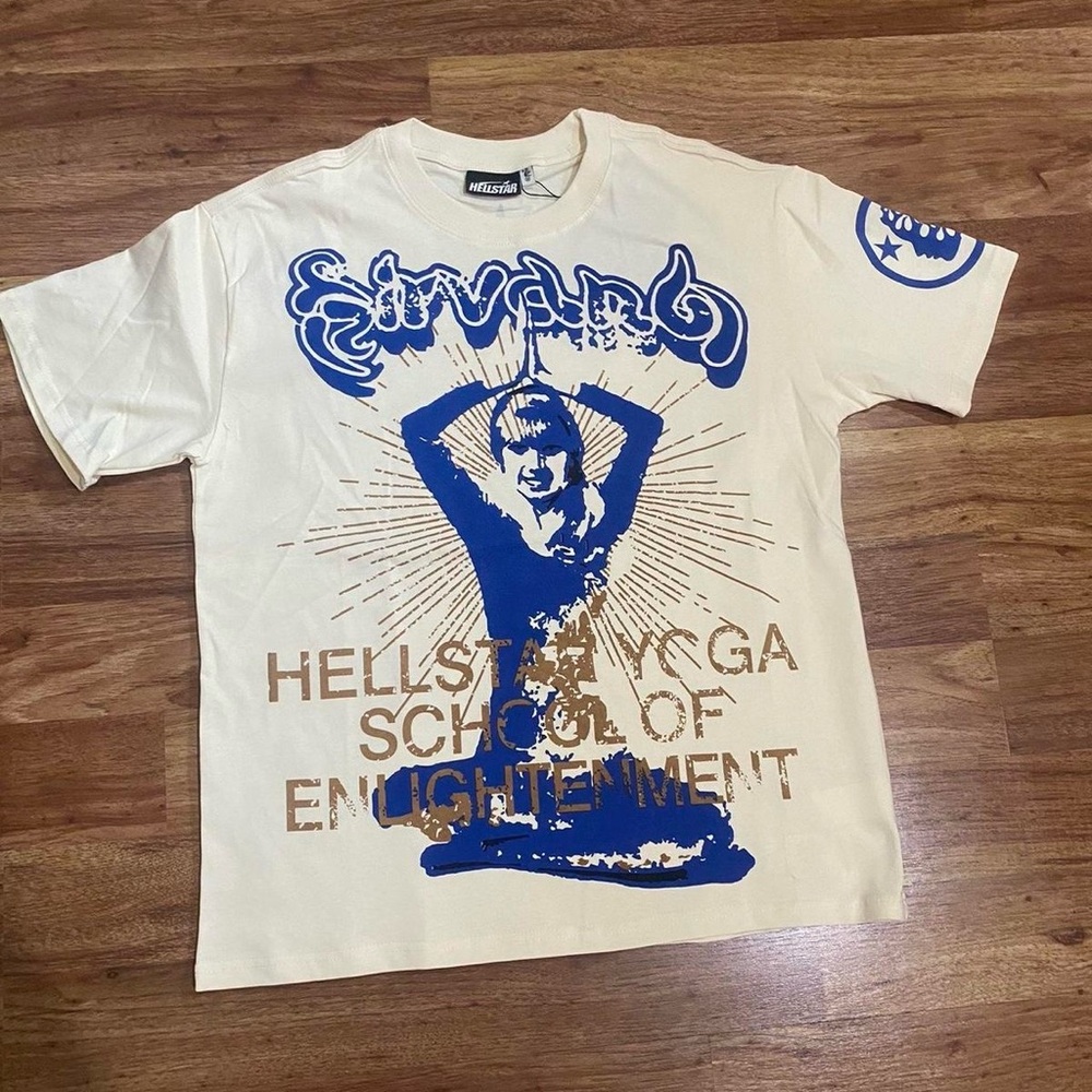 Blue and White Short Sleeve Tee with Vintage Graphic